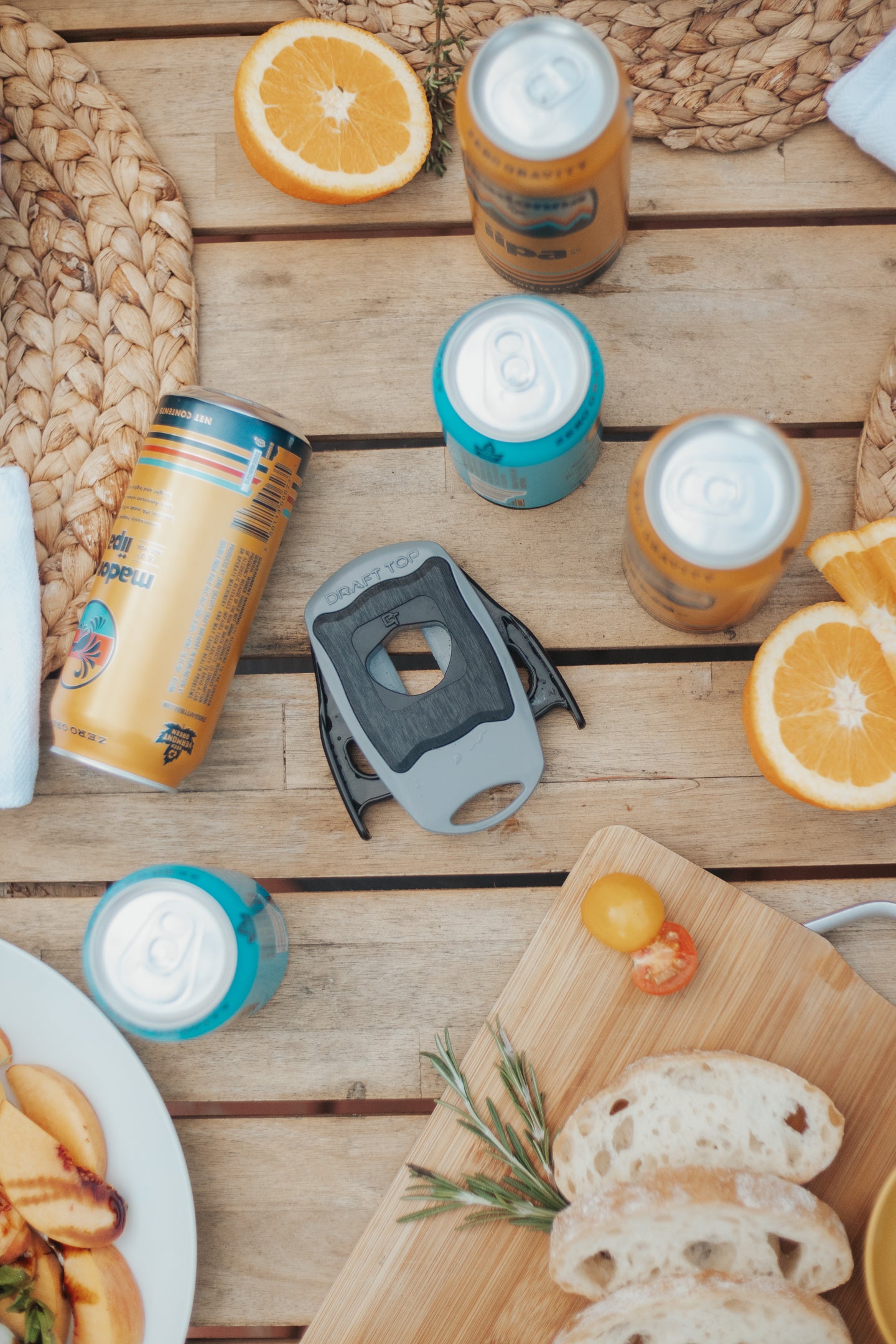 Draft top on table with food and cans